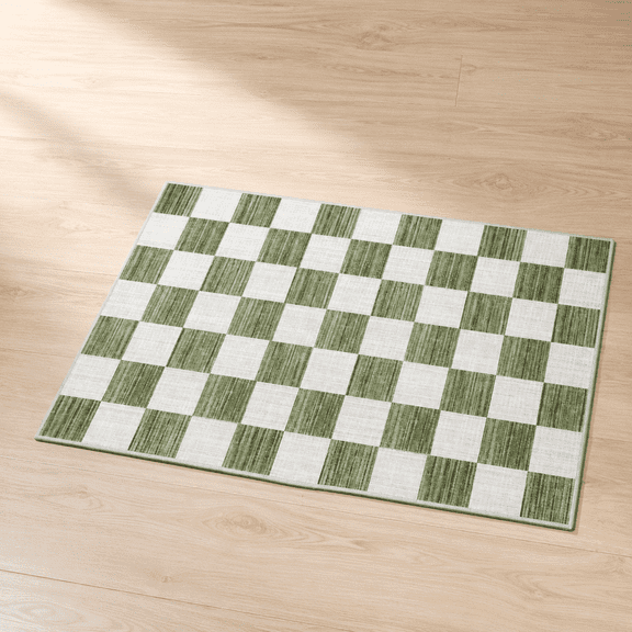 Front Door Mat Outside Entrance 2x3 Green White Checkered Rug