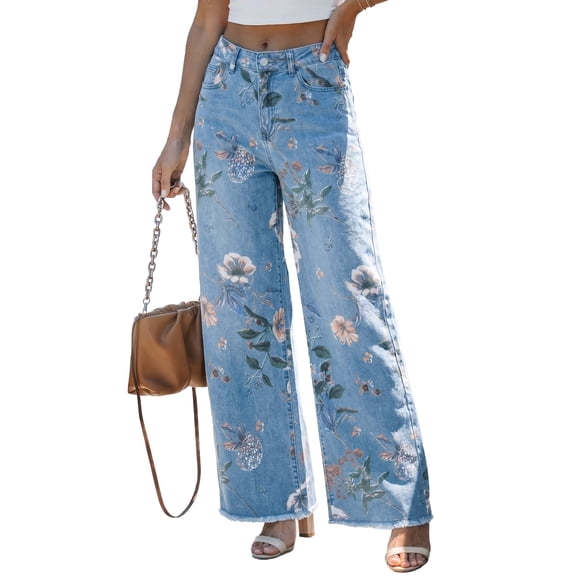 Women's Sky Blue Floral Print Shift Jeans – High Waist Denim with Frayed Hem for Casual Daily Wear, 16