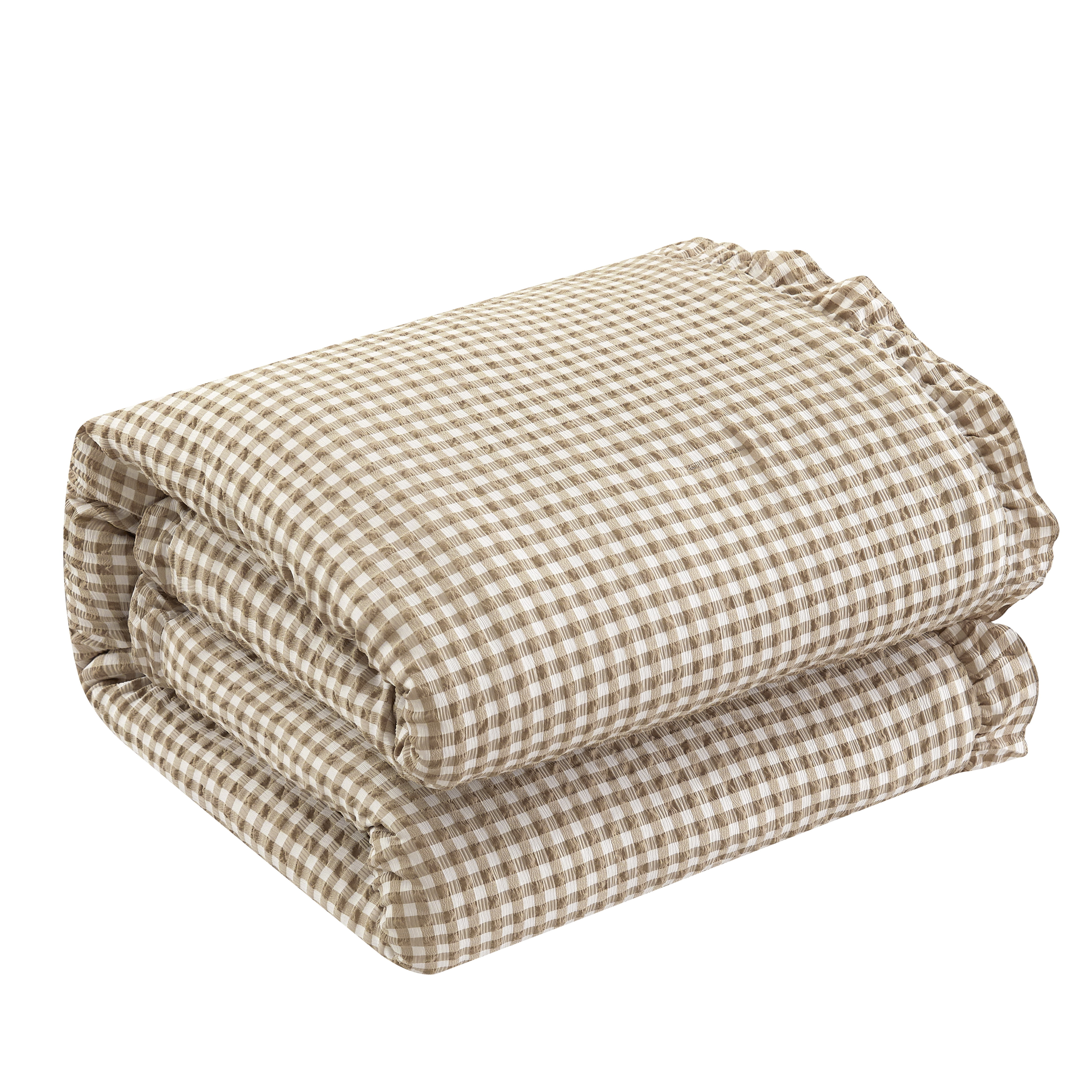 Mason & Craft 3 Piece Beige Gingham Seersucker Comforter Set, King
