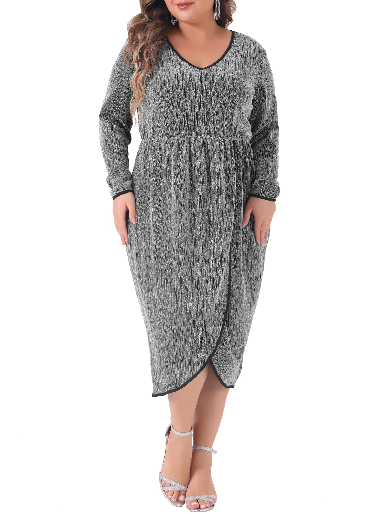 DARING DIVA Plus Size Sparkly Glitter V Neck High Slit Sequin Dress 3X Silver