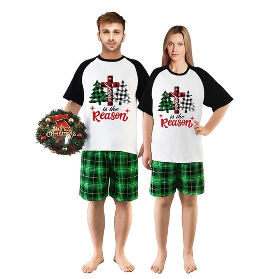 LuLiaMenton Matching Couples Christmas Pajamas The Reason Green Plaid Short Sleeve Shorts Set