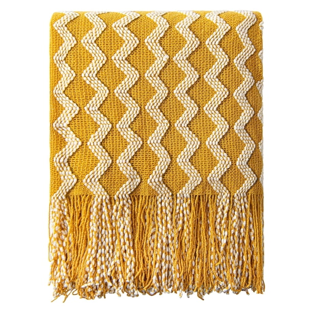 Akrylstickad Filt, Lätt och Mjuk Mysig Dekorativ Vävd Filt med Fransar för Resor, Soffa, Säng, Soffa, 130x170 cm