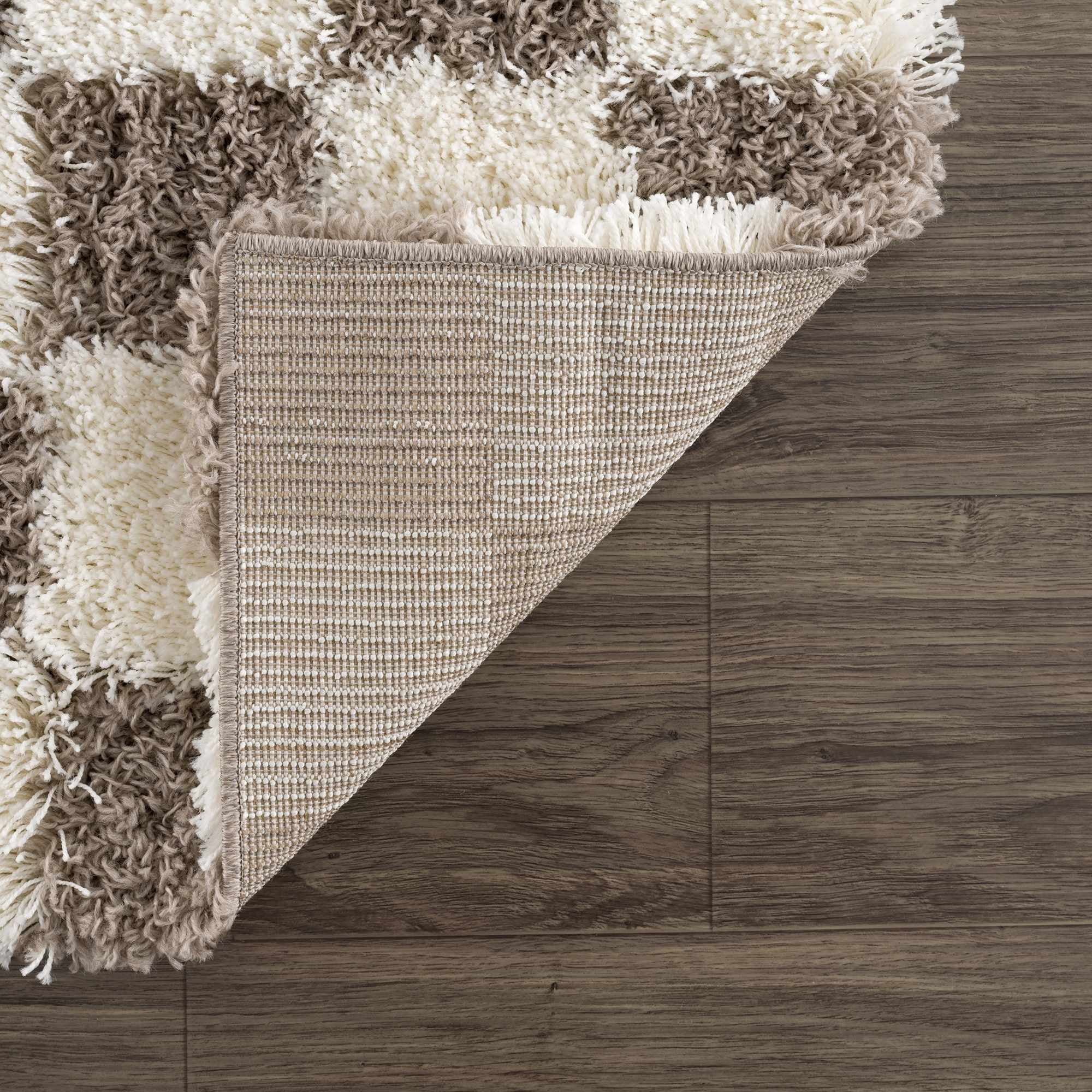 Hauteloom Marshmallow Contemporary Checkered Fluffy Shag Area Rug - Modern Geometric Carpet Tiles for Living Room, Kids Room, Nursery - Plush Pile - Cream, Brown - 8'10" x 12'