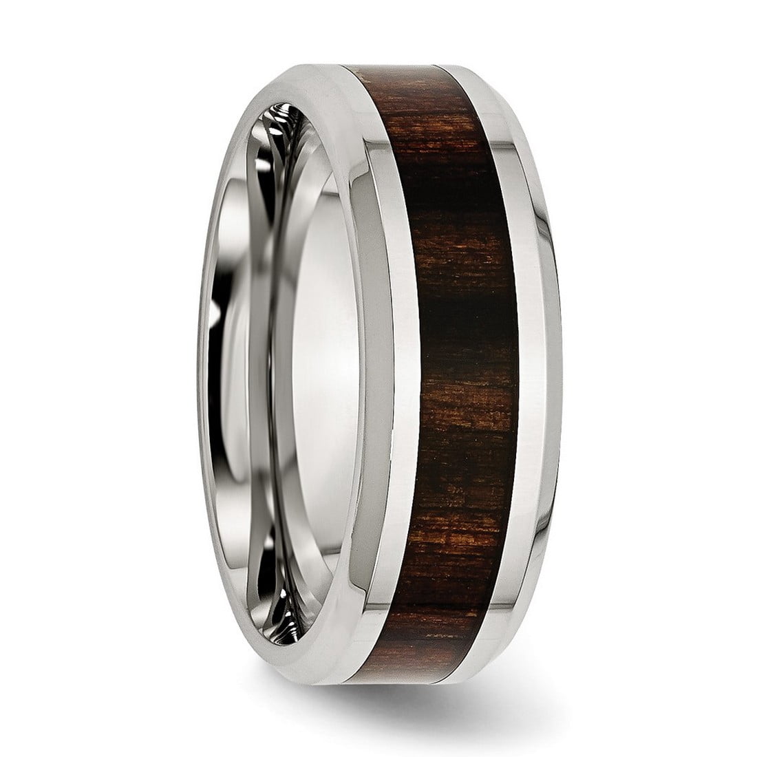 Stainless Steel Polished Black Wood Inlay Enameled 7.80mm Ring Size 8 Ring for Women