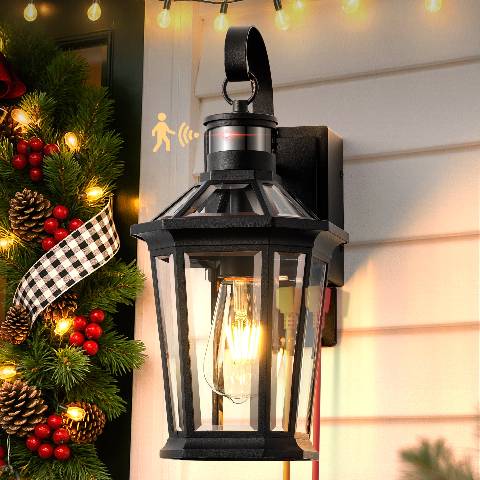 Gleamz Motion Sensor Porch Lights Outdoor with GFCI Outlet, Black Exterior Lighting Fixtures Wall Mount, 100% Aluminum Anti-Rust Waterproof Outside Lights for House Patio Garage