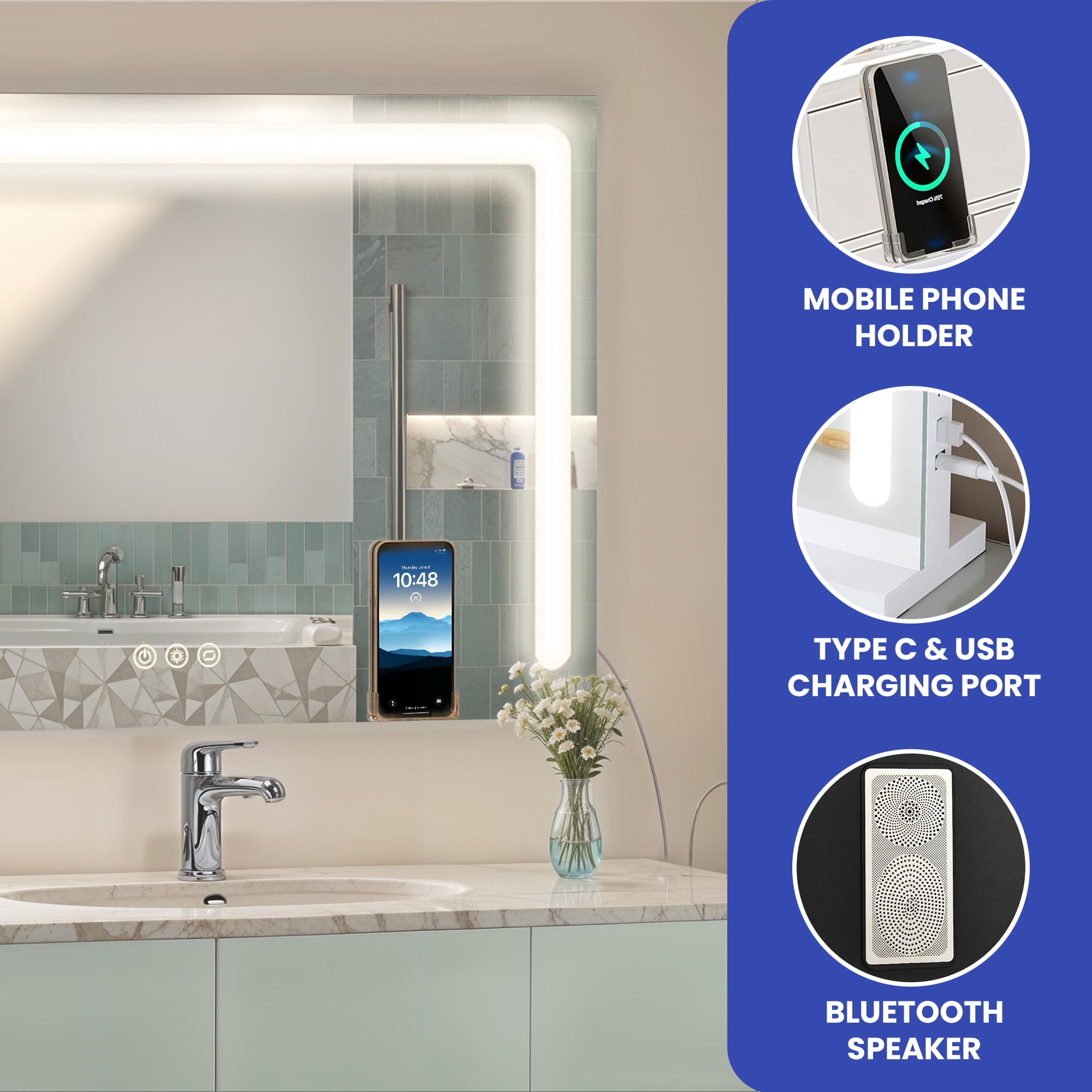 Uforic 23''x17'' Vanity Mirror with LED Lights & USB, Vanity Makeup Mirror with Bluetooth Tabletop Wall Mount, Led Mirror Makeup with 3-Color Lighting, White