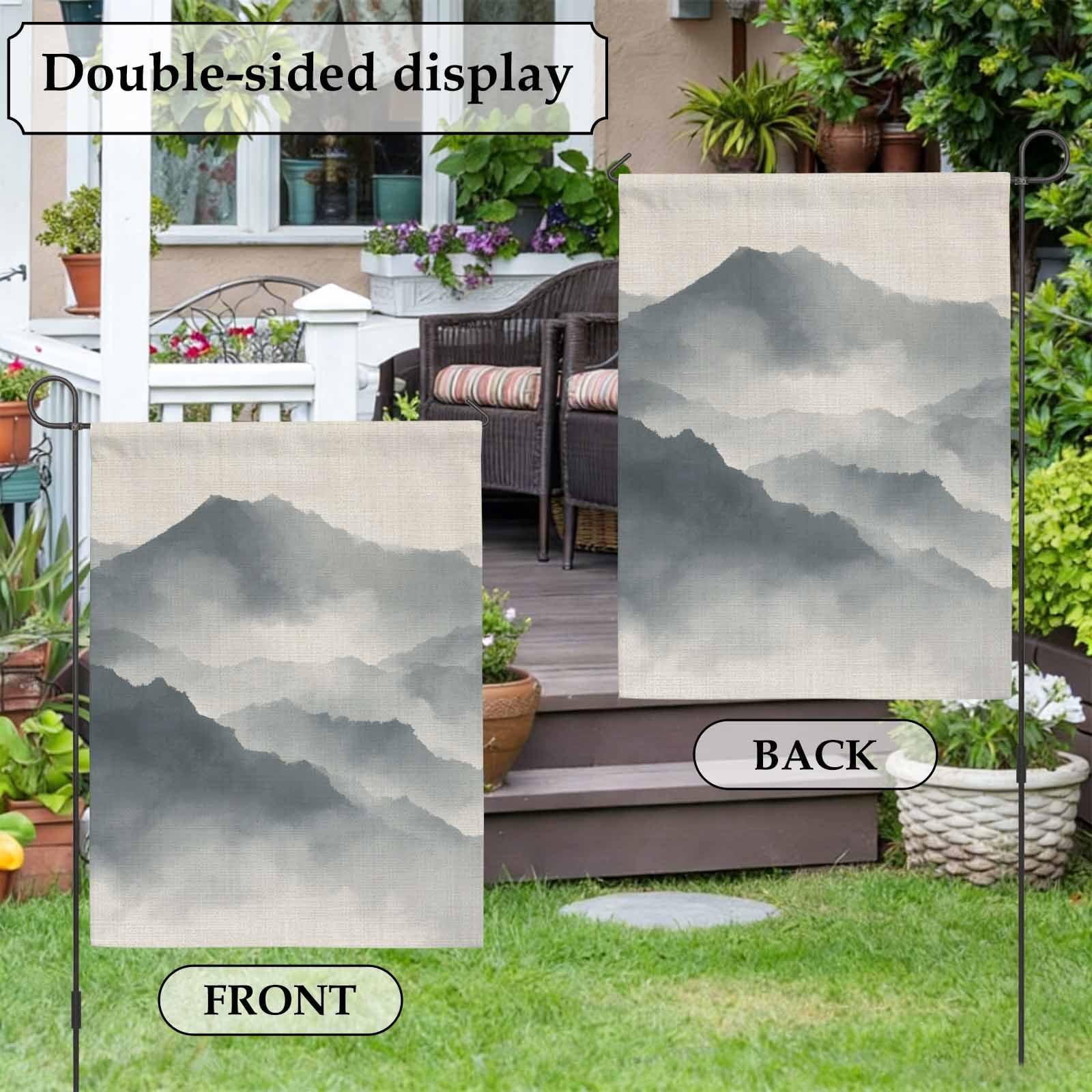 Mountain Peak House Flag 28 x 40 Inches, Modern Mist Gray Ink Wash Gradient Fog Country Weather Proof Outdoor Patio Flags Double Sided Small House Decoration for Yard Lawn Outside Home