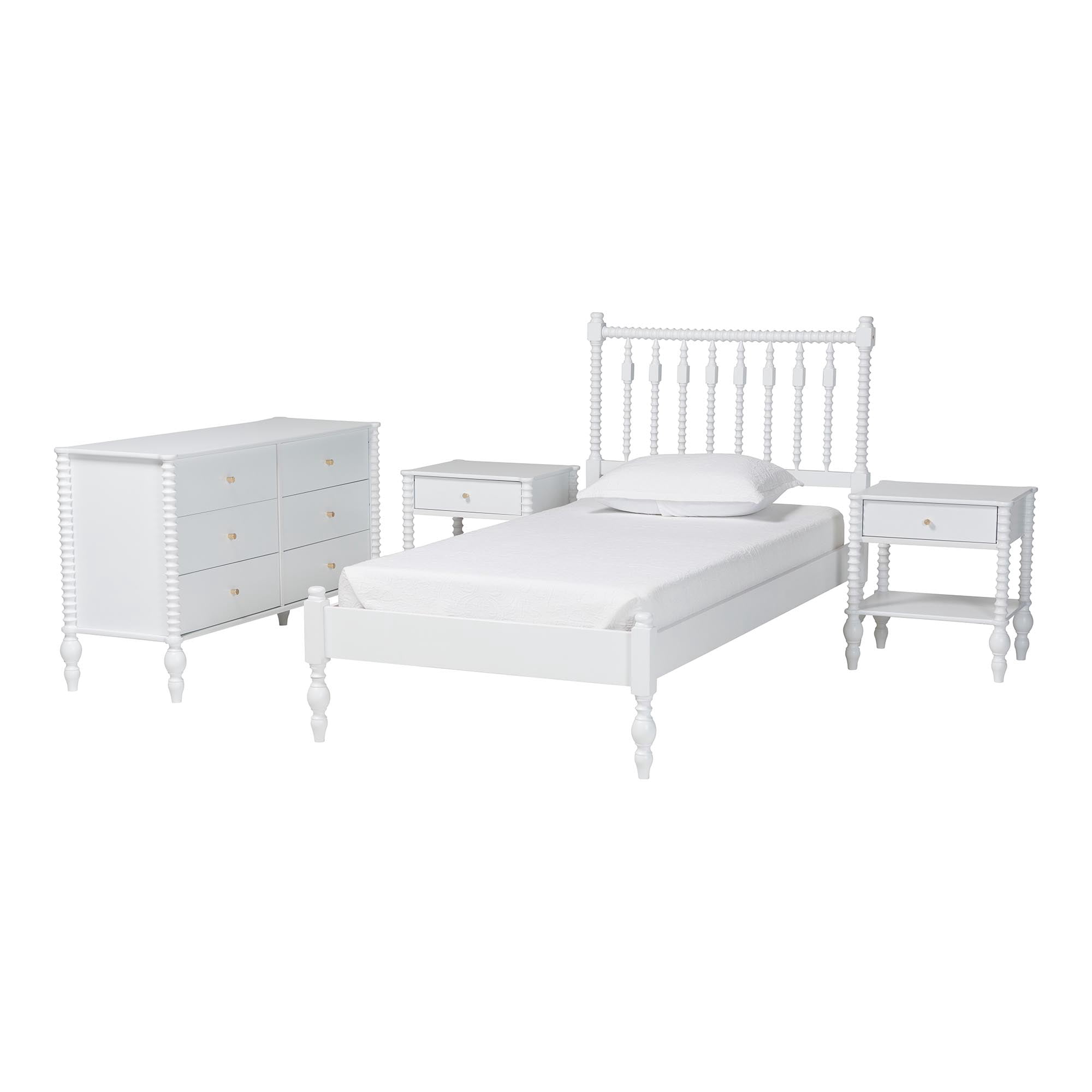 Baxton Studio Denita Farmhouse Bedroom Set, Twin, 4-Piece, White