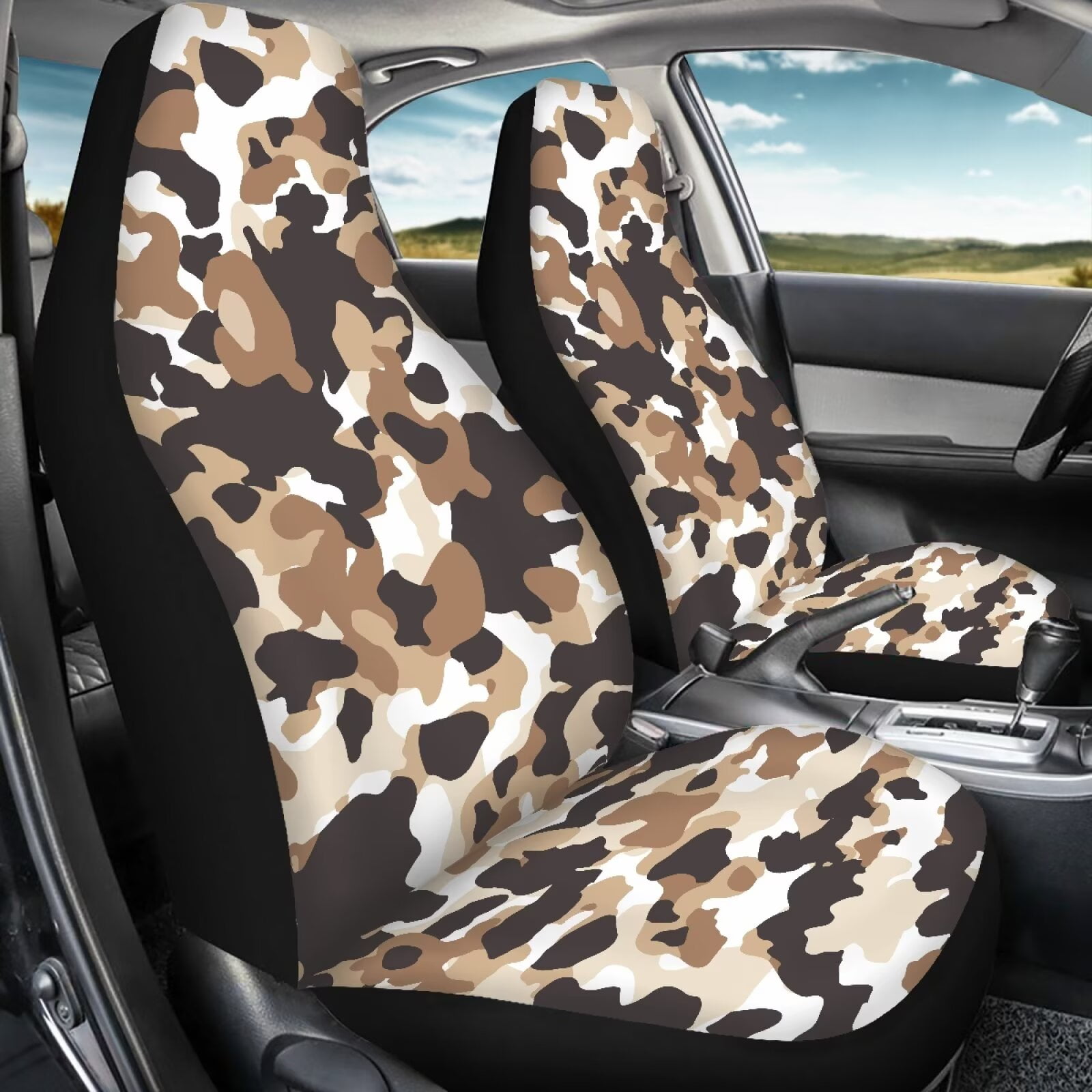 Binienty Brown Camo Print Car Seat Covers Front Seats Only Elastic Polyester Bucket Seat Covers Anti-Scratch Breathable Easy to Install Universal for Cars SUV/Trucks/Sedans