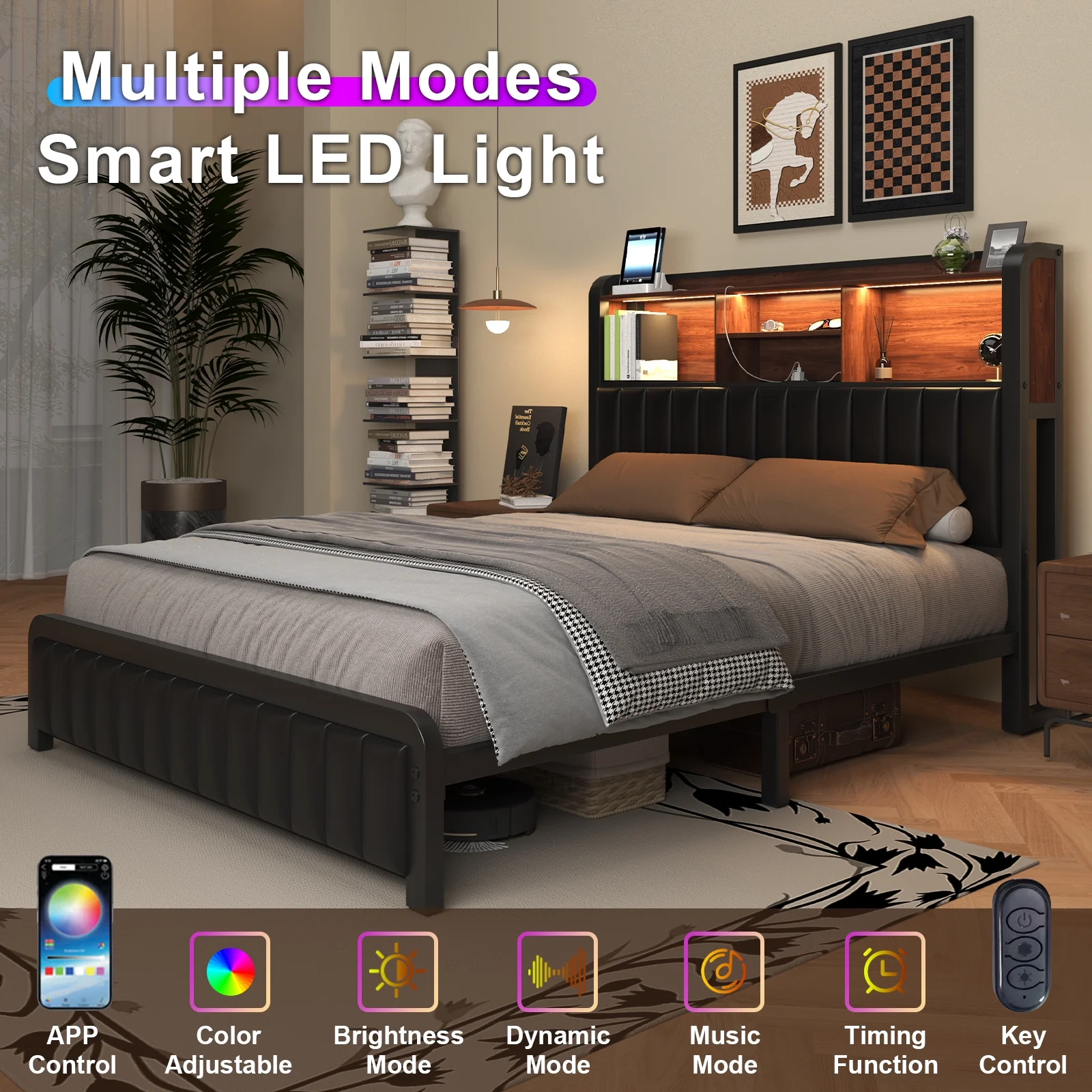 Queen Size Bed Frame with Storage Headboard and LED Lights, Metal Platform Bed with Charging Station, Heavy Duty Metal Frame Support, PU Leather, Black