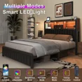 thumbnail image 3 of Full Size Bed Frame with Storage Headboard and LED Lights, Metal Platform Bed with Charging Station, Heavy Duty Metal Frame Support, PU Leather, Black, 3 of 9