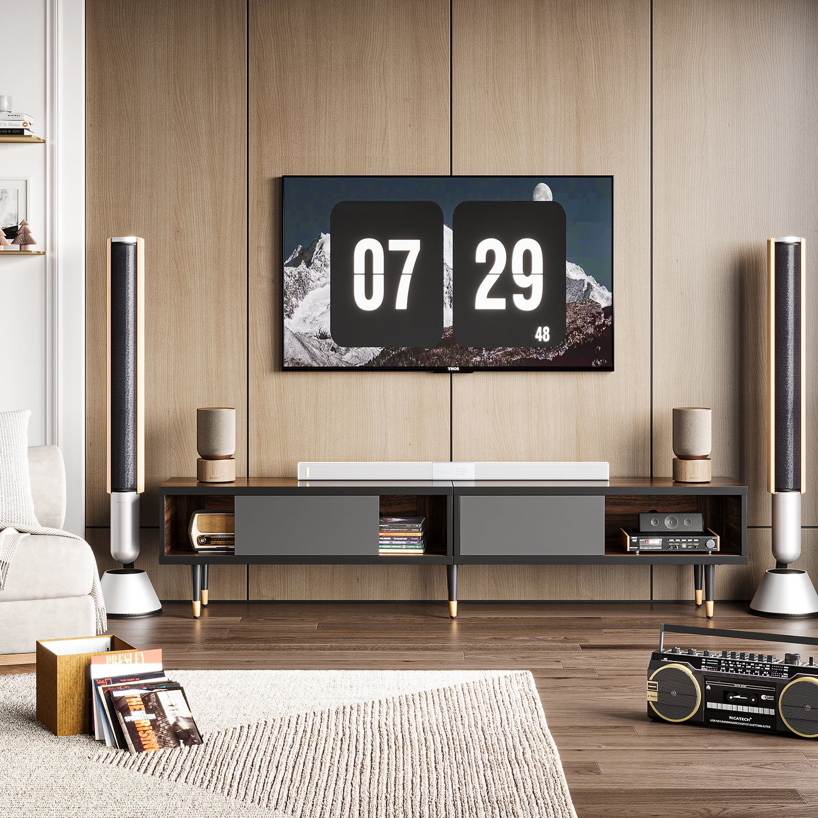 Bestier 80 inch Mid Century Modern TV Stand, 2 in 1 Reversible Entertainment Center with Storage and Sliding Doors, Ancona Walnut