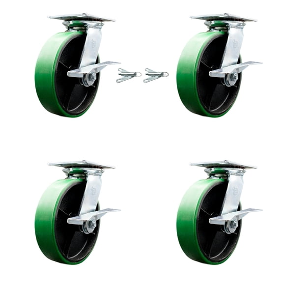 8 Inch Poly on Cast Iron Caster Set with Roller Bearing 4 Brake 2 Swivel Lock