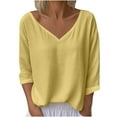 thumbnail image 2 of Guieoi Womens Tops Plus Size Women's Solid Linen Casual V-Neck T-shirt Long Sleeved Round Neck Loose Top Yellow Black*Friday/Cyber*Monday Clearance, 2 of 7