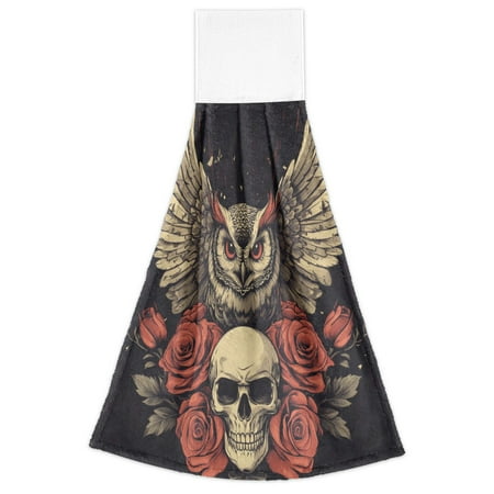 

WOBOGO Owl Holding Skull Pattern Hand Towel Set of 2 Absorbent for Kitchen and Bathroom With Velcro Hanging Loop 18.2×14in