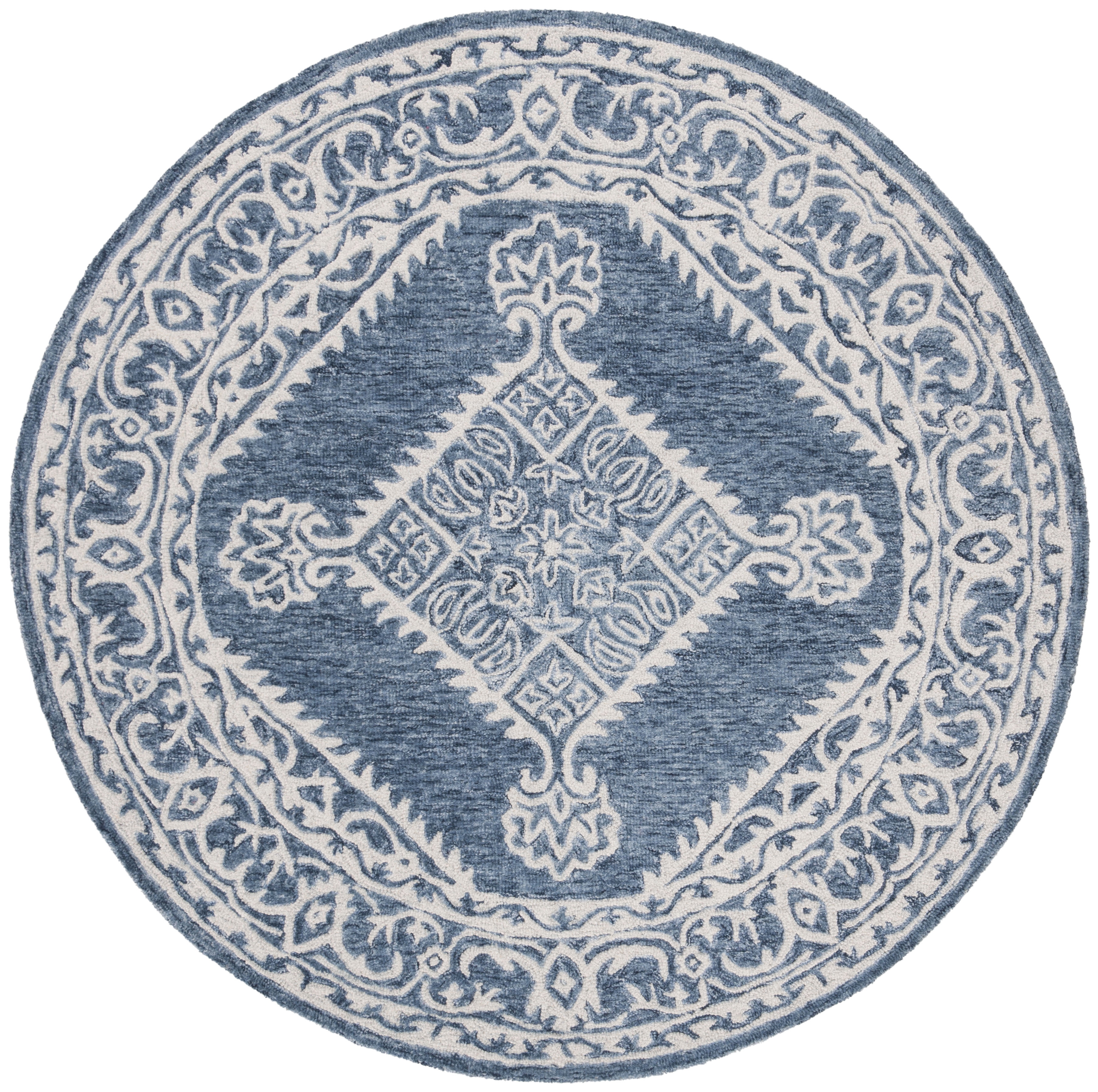SAFAVIEH Micro-Loop Esmond Floral Bordered Area Rug, Blue/Ivory, 5' x 5' Round