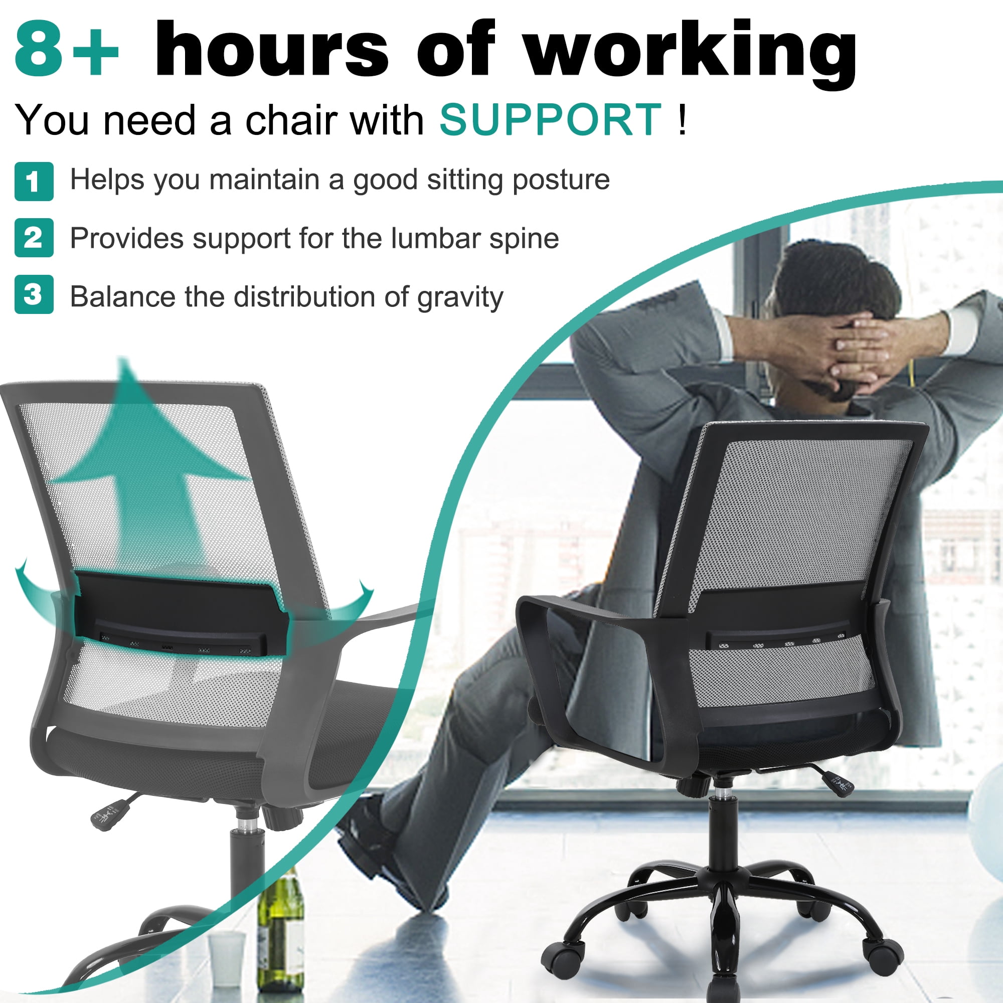BestOffice Mesh Lumbar Support Indoor Swivel Ergonomic Office Chair, Gray