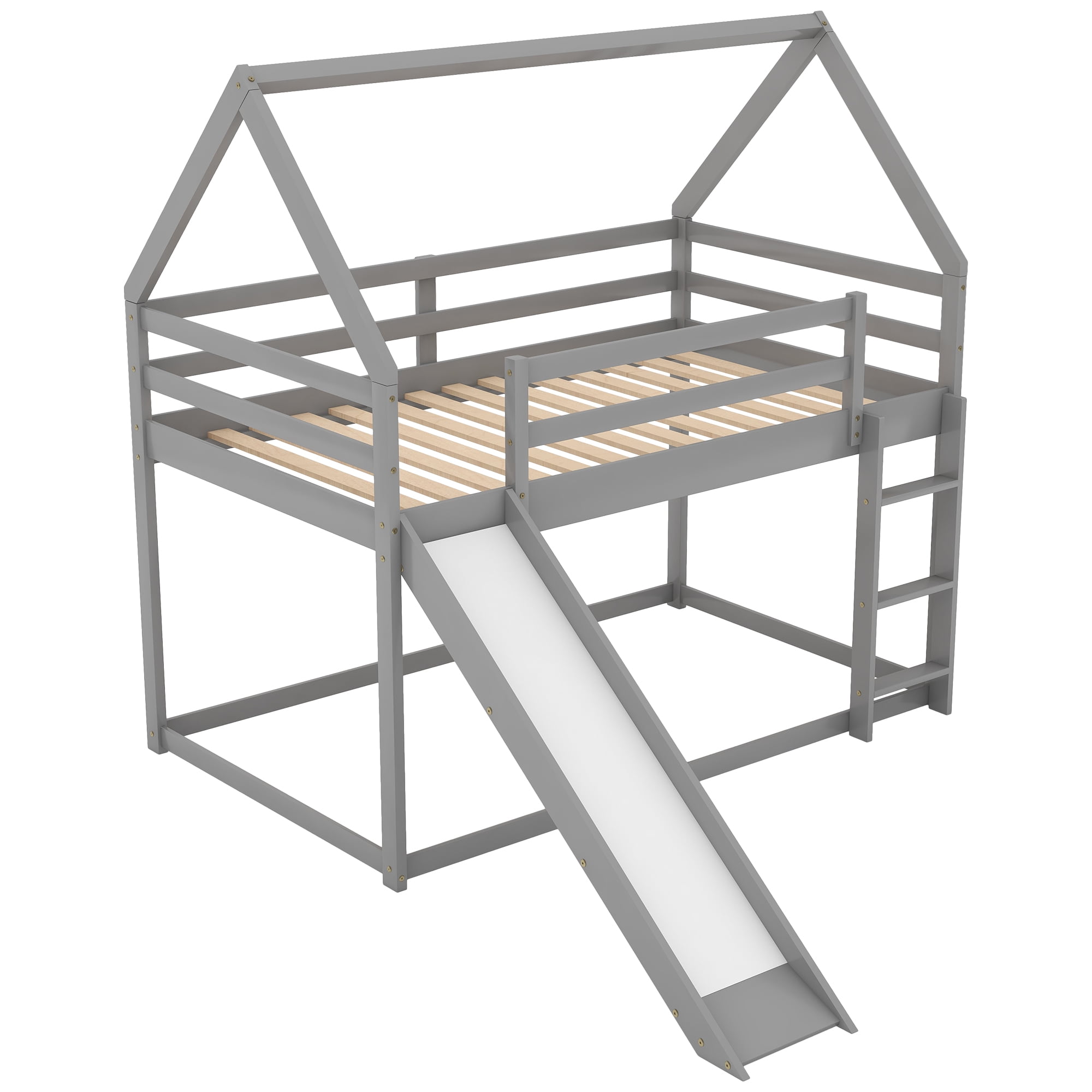 Aukfa Bunk Bed with Slide, Twin-over-Twin House Bed Frame for Kids - Gray