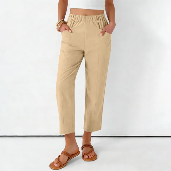 Ynynloco Women High Waisted Relaxed Fit Elastic Knit Waist Casual Capris Trousers Cropped Pants Summer Harem Lounge with Pockets