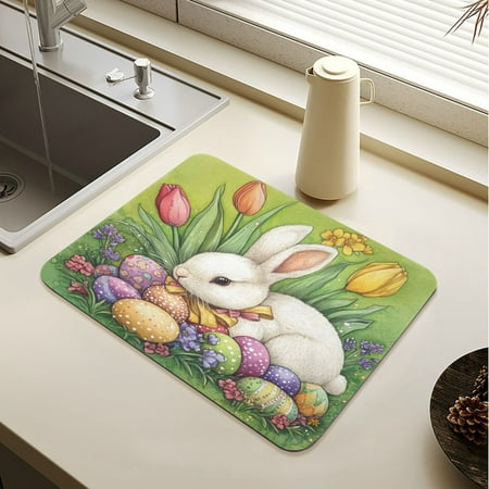 

Wobogo Easter White Bunny Dish Drying Mats Diatomaceous Earth Super Absorbent Non-slip Rubber Sole 23.6×19.7in