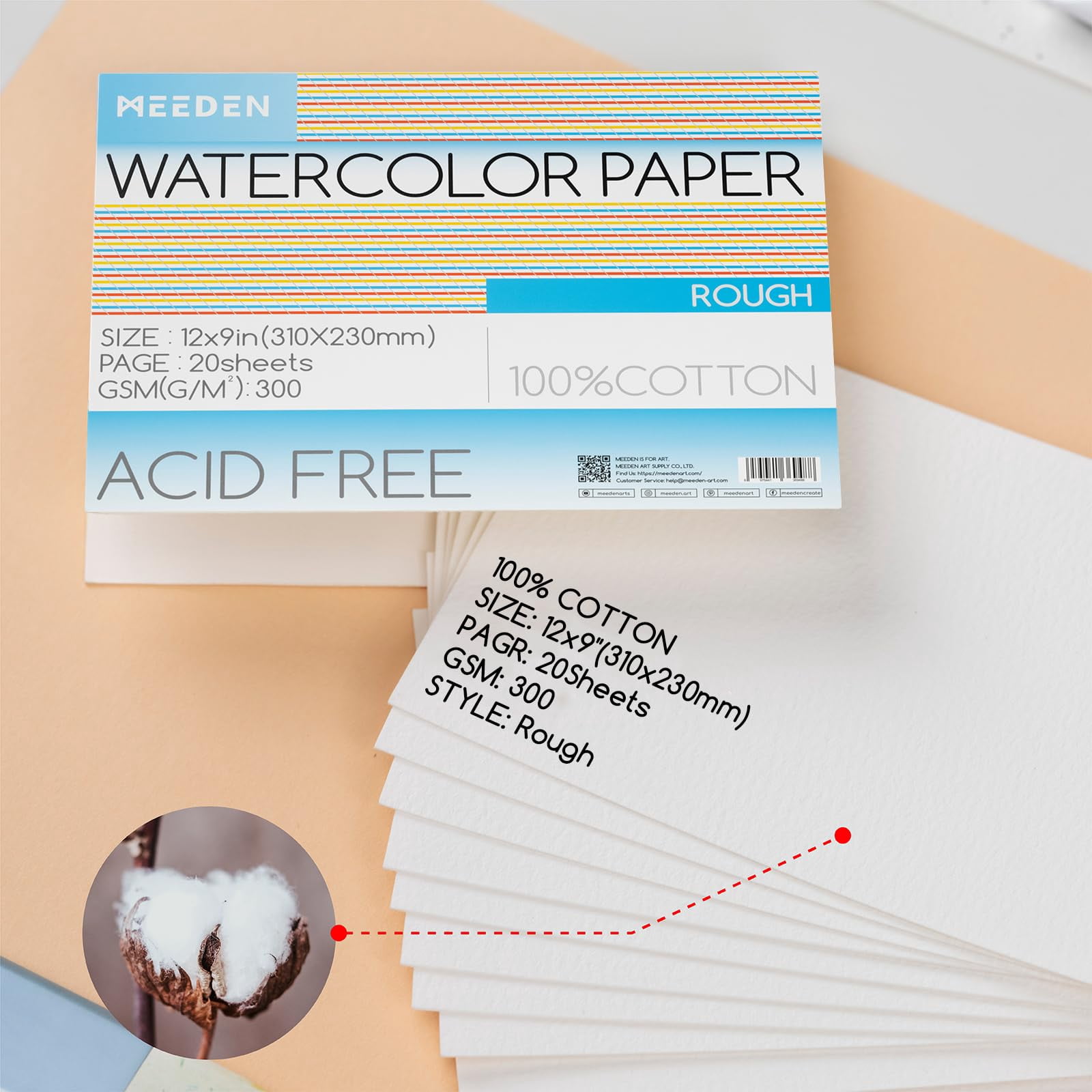 MEEDEN 100% Cotton Watercolor Paper Block, 9" x 12" Watercolor Paper Pad, Rough Grain, 20 Sheets, 140lb/300gsm, Acid-Free Art Paper for Watercolor, Gouache, Ink and More