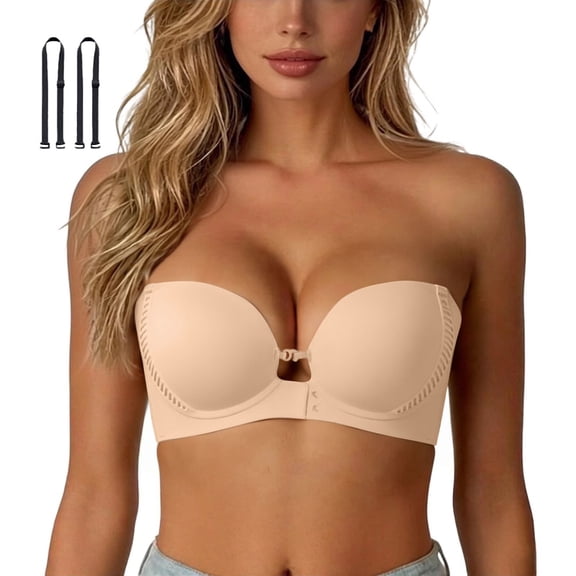 EliteGoogv Womens Bras Front Closure Seamless V Neck Strapless Bras Non Slip Gathering Push Up Bras For Women Everyday Backless Bandeau Bras Khaki S