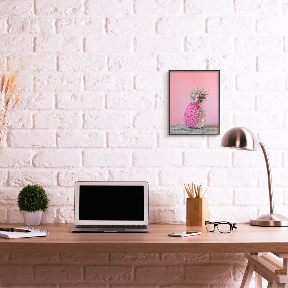 Stupell Industries Pink Glam Glitter Pineapple on Greenery Cloth Framed Wall Art Design by Ziwei Li, 11" x 14", Black Framed