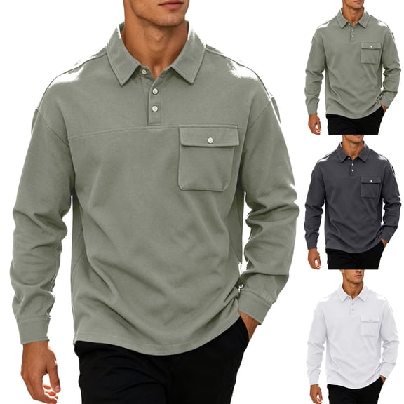 Maean Big and Tall Mens Long Sleeve Tops Golf Button Collared Pullover Shirt Work Top with Pocket