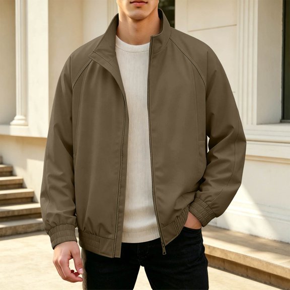 Solid Color Raglan Sleeves With Elastic Closure Men's Versatile Stand Up Collar Jacket For Daily Use Coffee S
