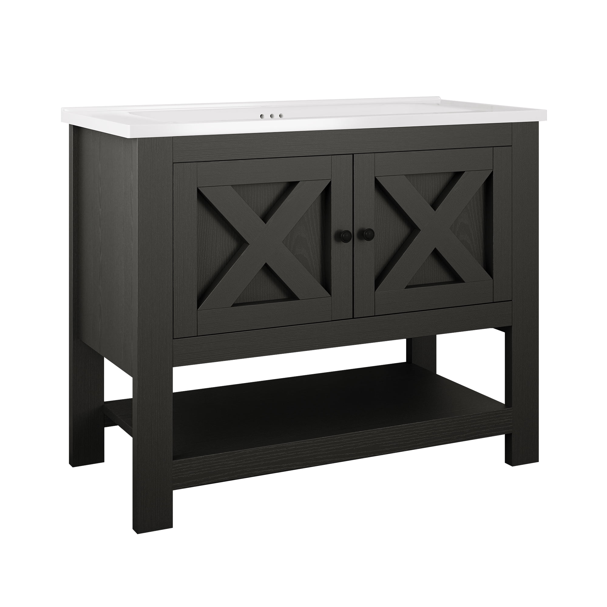 4 EVER WINNER 36" Black Bathroom Vanity with Sink, Farmhouse Storage Cabinet with X-shaped Barn Door, Ceramic Vanity Top & Open Shelf, Modern Vanity for Bathroom Laundry Room