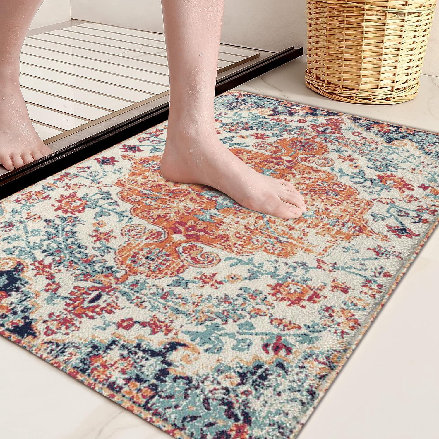 Boho Style Bathroom Rugs Farmhouse Bohemia Bath Mat Non-Slip Water Absorbent Bath Rug Soft Microfiber Floor Mats for Bathroom Tub and Shower Room 17x27 inch Orange