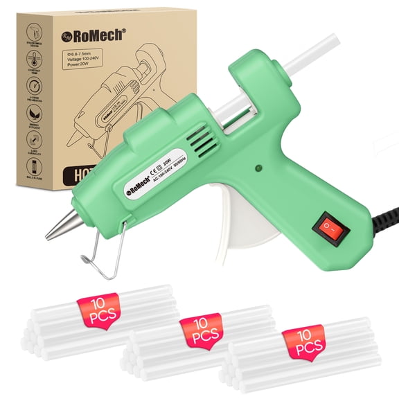 RoMech 20W Mini Hot Glue Gun Kit with 30 Glue Sticks, Fast Heating for Crafts & DIY, Green