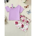 thumbnail image 3 of CARETOO Toddler Girl Summer Short-Sleeve One Shoulder Casual Tops Shorts 95% Cotton 3PCS Set 1-5T, 3 of 12