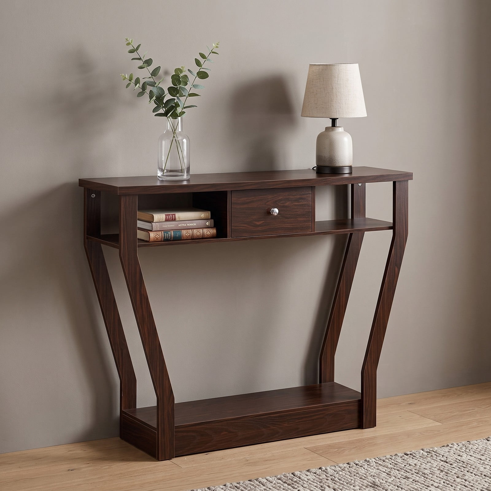 Furnibear Modern Console Accent Table with Storage Drawer and Open Shelf for the Living Room Entryway and Hallway, Brown