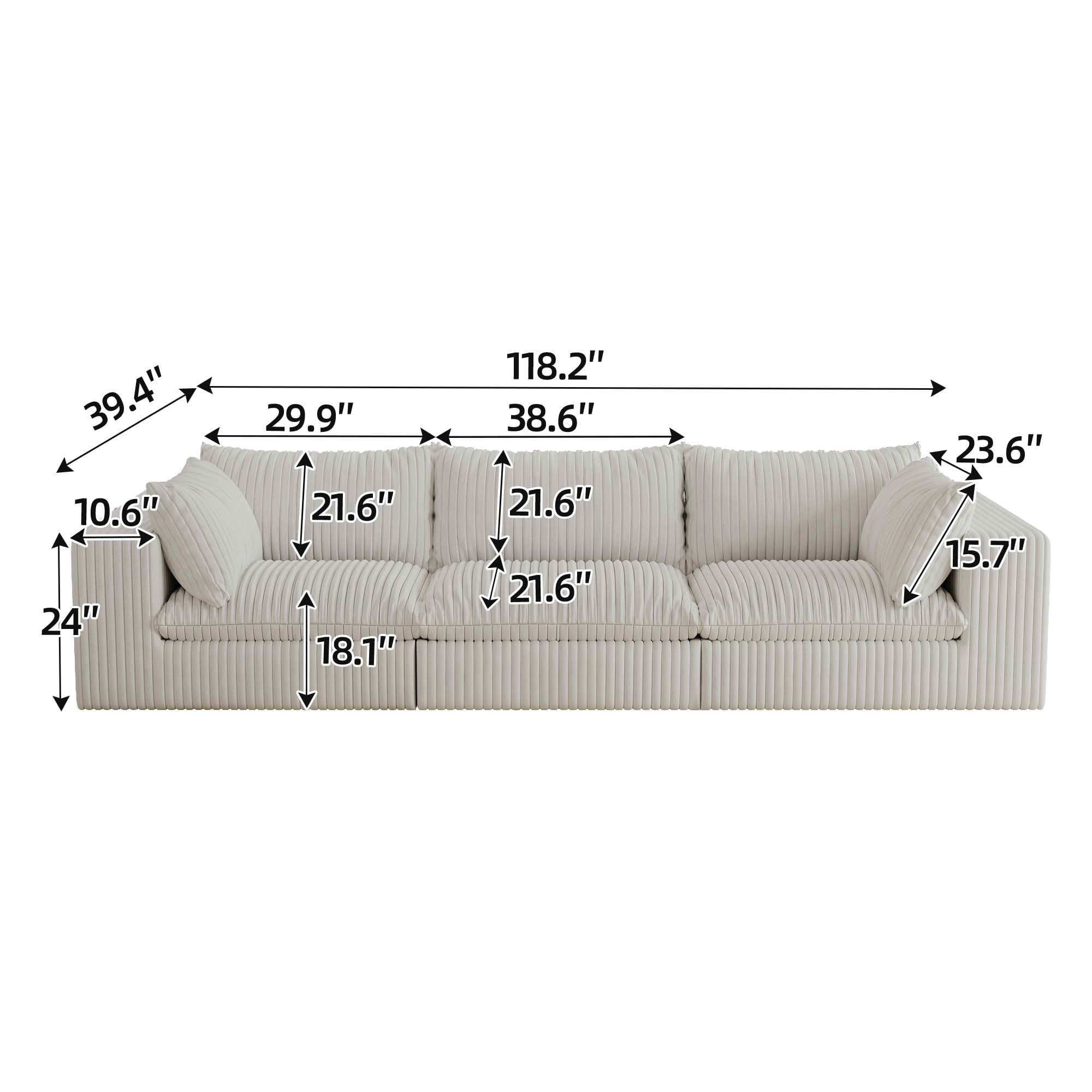 MAYEERTY 118.2 Inch Modular Cloud Sofa, Corduroy Fabric Deep‑Seat Couch, Double‑Layer Removable Cushion, No‑Assembly DIY Combination Sofa for Living Room Bedroom Conference Room Apartment