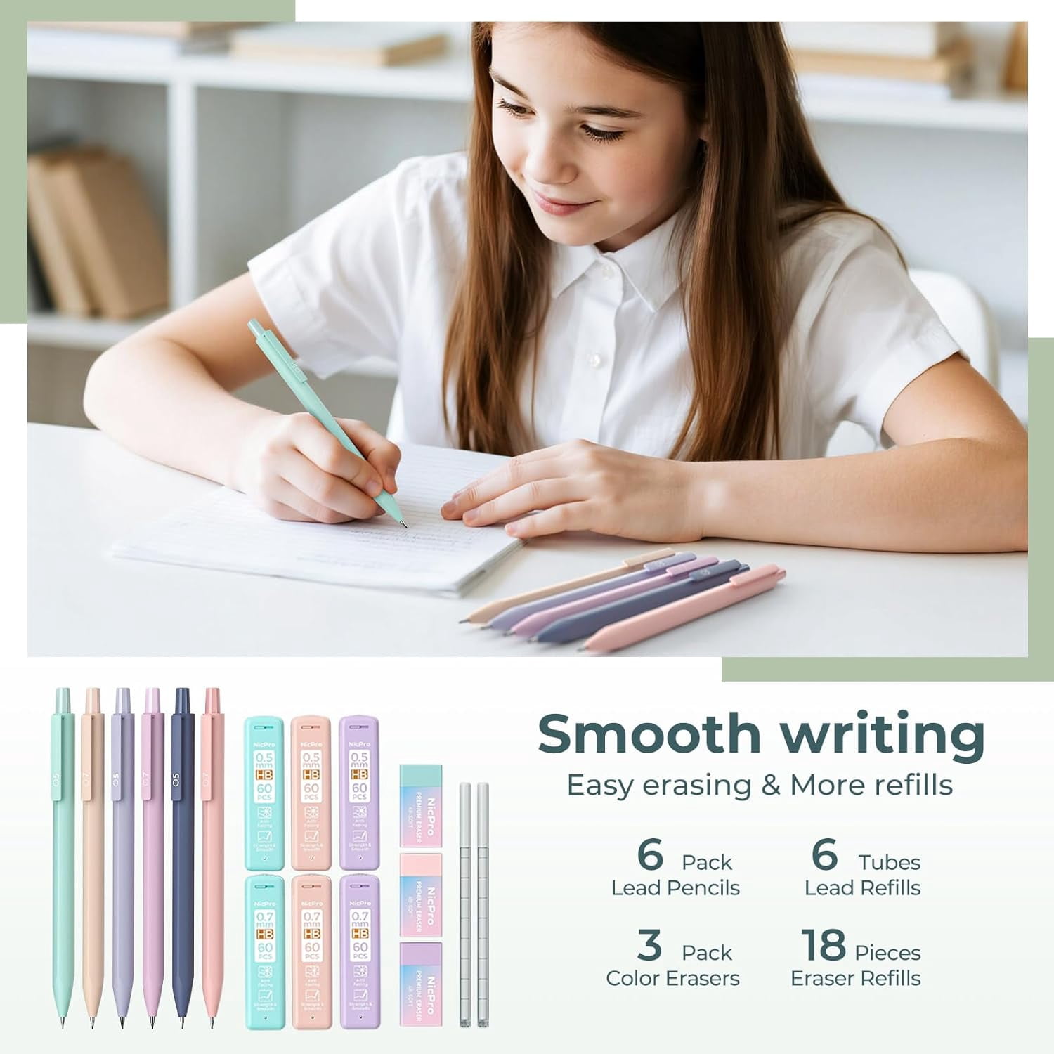 Nicpro 39Pcs Aesthetic Supplies with Big Capacity Pen Case, 12 Colors Chisel Tip Cute Highlighters, 5 Quick Dry Retractable Black Ink Pens, 6 Pastel 0.5 & 0.7 mm Mechanical Pencil