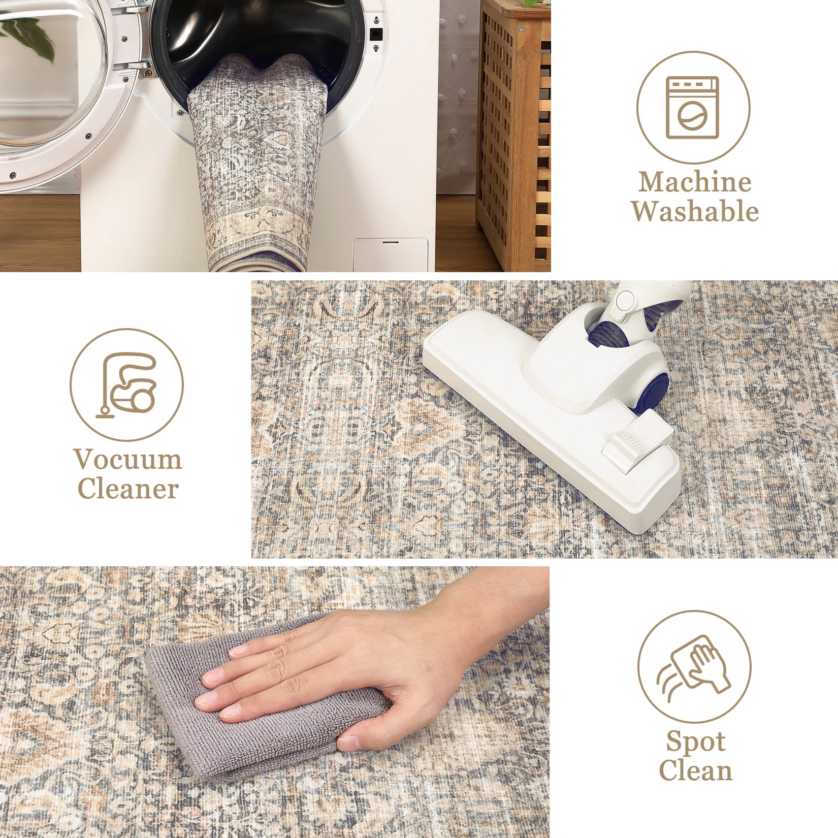 Washable Area Rugs, Beige Yellow 5'X7' Antique Distressed Large Rug for Living Room, Modern Non Slip Stain Resistant Vintage Print Accent Carpet Floor Mat for Bedroom Dining Office Farmhouse