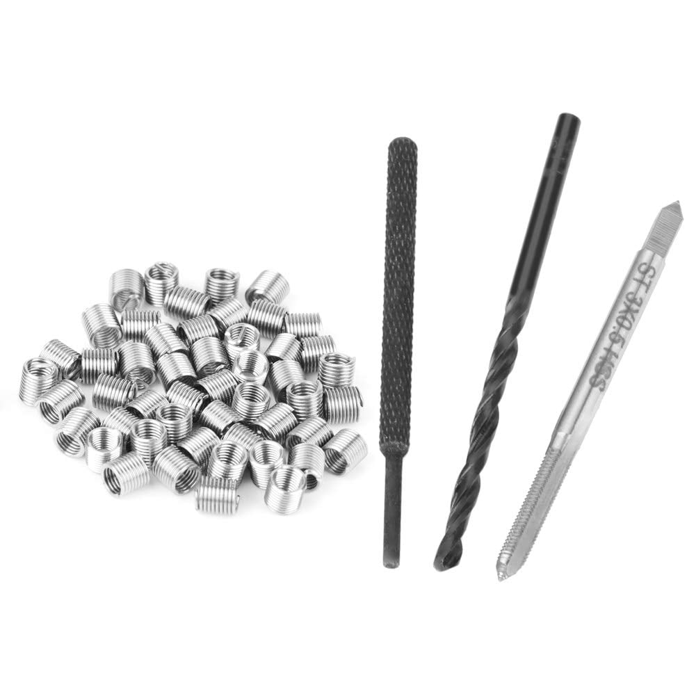 ABPETE 50pcs Thread Repair Kit, M3 x 2D Stainless Steel Coiled Wire Thread Insert Combination Tool Set for Restoring Damaged Wires in Steel, Iron, Aluminum