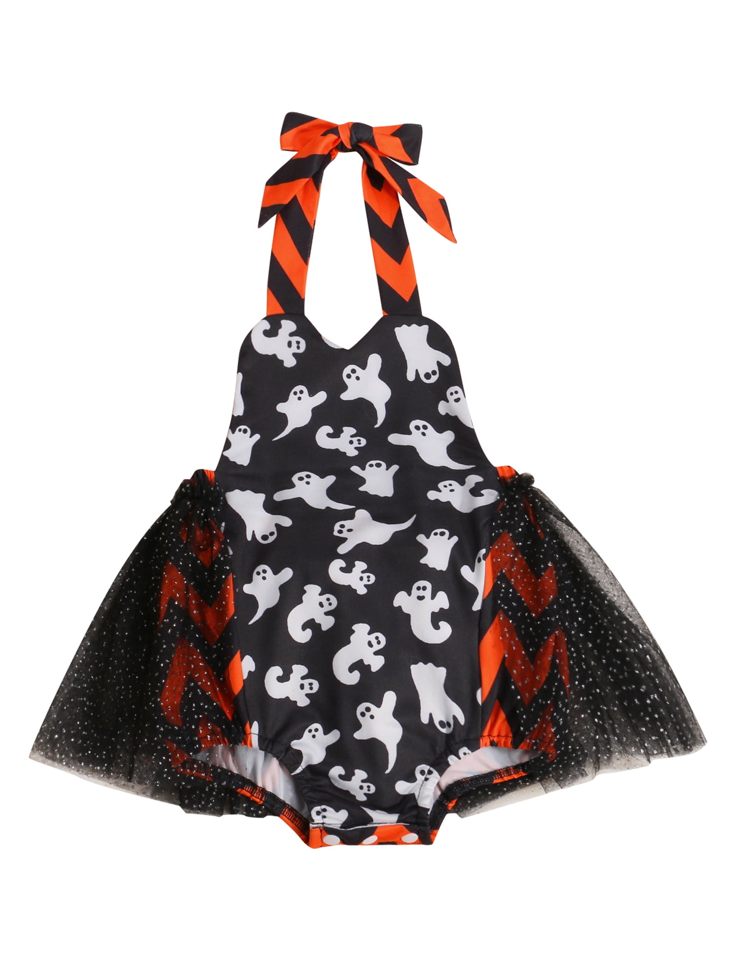 Baby Girl Halloween Romper Sleeveless Halter Ghost Bodysuit Romper Tutu Dress with Headband Halloween Outfit Baby Girl Halloween Romper Sleeveless Halter Ghost Bodysuit Romper Tutu Dress with Headband Halloween Outfit