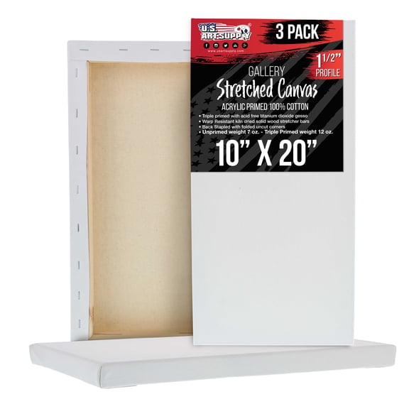 U.S. Art Supply 10" x 20" Gallery Depth 1-1/2" Profile Stretched Canvas 3-Pack - Acrylic Gesso Triple Primed 12-ounce 100% Cotton Acid-Free Back Stapled
