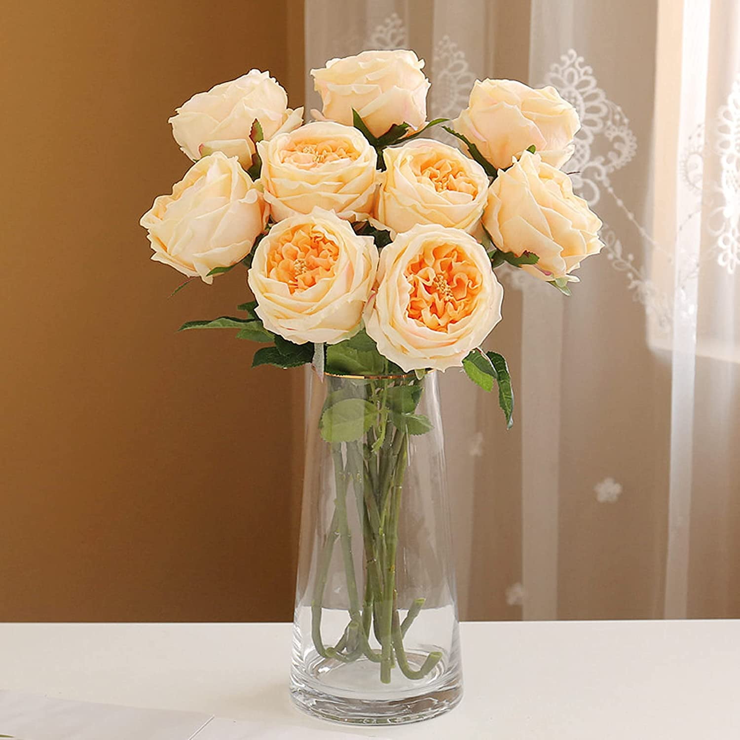 UKELER Artificial Roses 4 Pcs Real Touch Artificial Flowers Champagne Austin Rose Peony with Stem for Home Decor Flower Arrangement Wedding Party Decoration