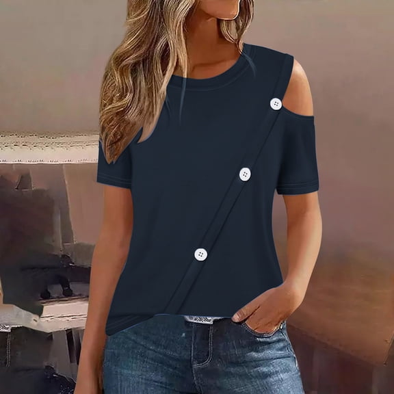 iHengLiXing Plus Size Spring Tops for Women 2025 Dressy Casual Women'S 2025 Summer Casual And Comfortable Solid Color Cold Shoulder Button Splicing Short-Sleeved Round Neck Shirt Blue L