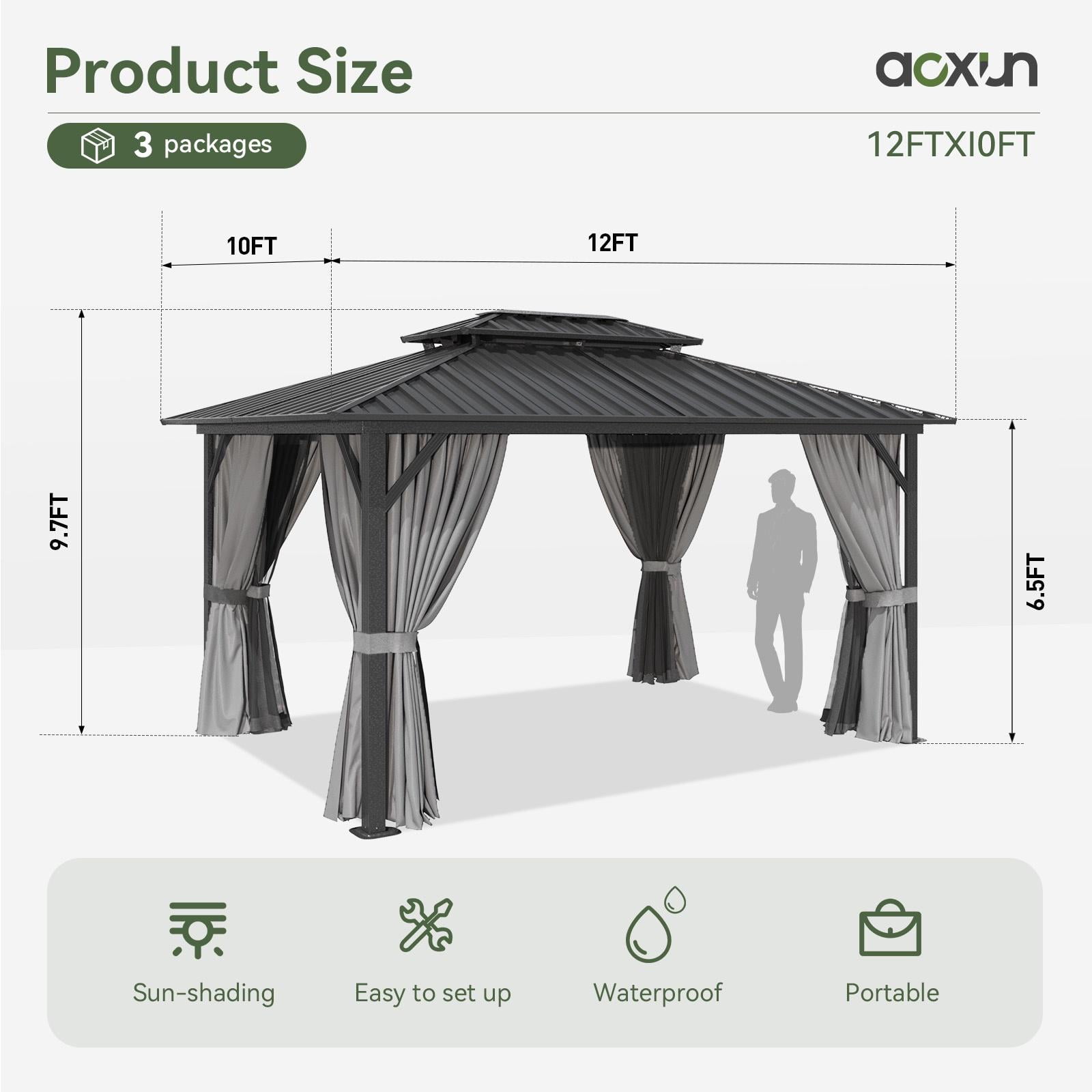 Aoxun 10'x12' Hardtop Gazebo, Aluminum Frame Canopy with Double Galvanized Steel Roof Patio Gazebo, Outdoor Metal Pavilion with Netting, Curtains for Backyard, Patio and Deck