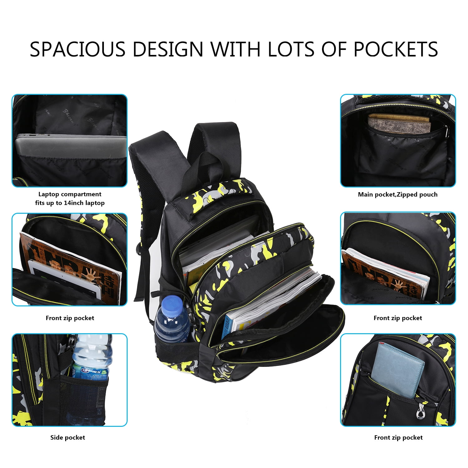 Forestfish Camo School Backpacks Set for Teen with Lunch Bag Water Resistant Lightweight Large Books Bag Yellow