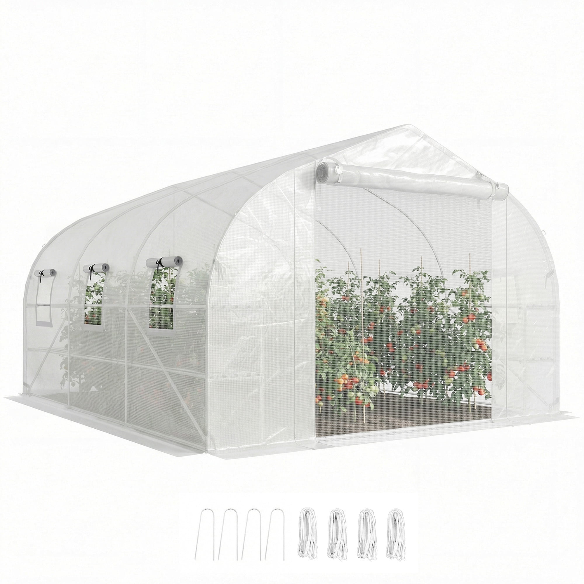 Outsunny Walk-in Tunnel Greenhouse with Shelves, Plant Hot House with Mesh Door, White
