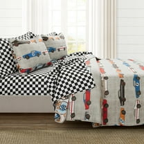 Lush Decor Printed Race Cars Soft Reversible Oversized Quilt Blue/Orange 5Pc Set Twin