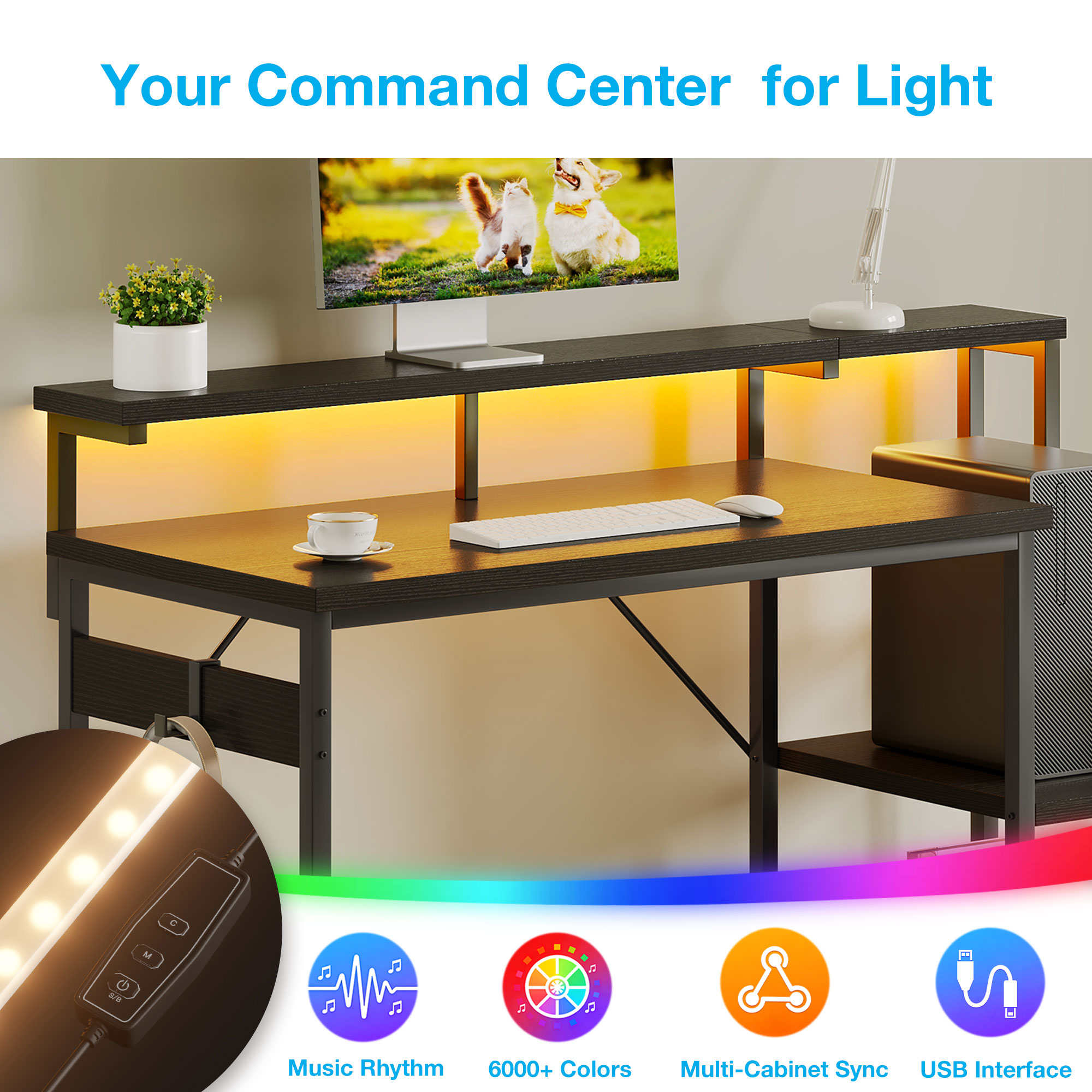 Casacomoda 48" Computer Desk with Monitor Stand and LED Lights, Black photo 5
