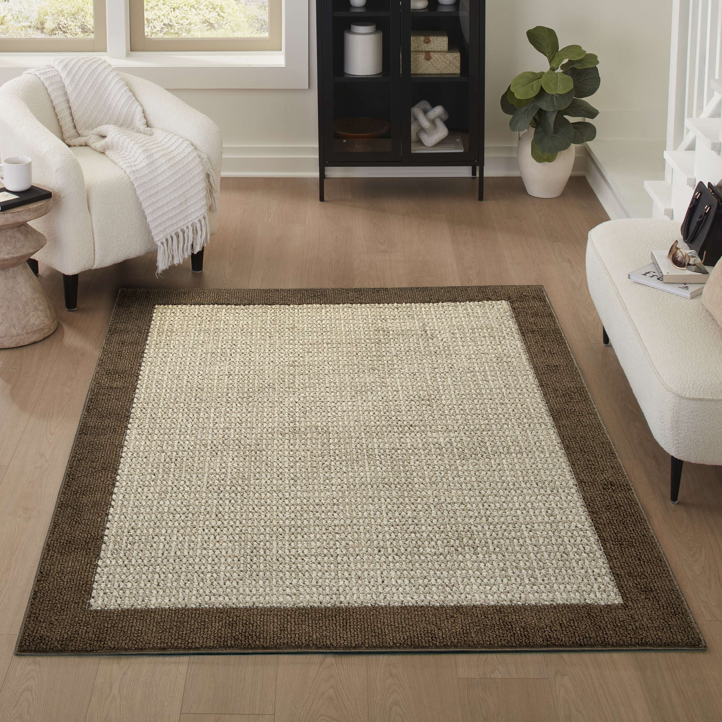Mainstays Farmhouse Faux Sisal Olefin Brown Border Indoor Area Rug, 4'x5'4"