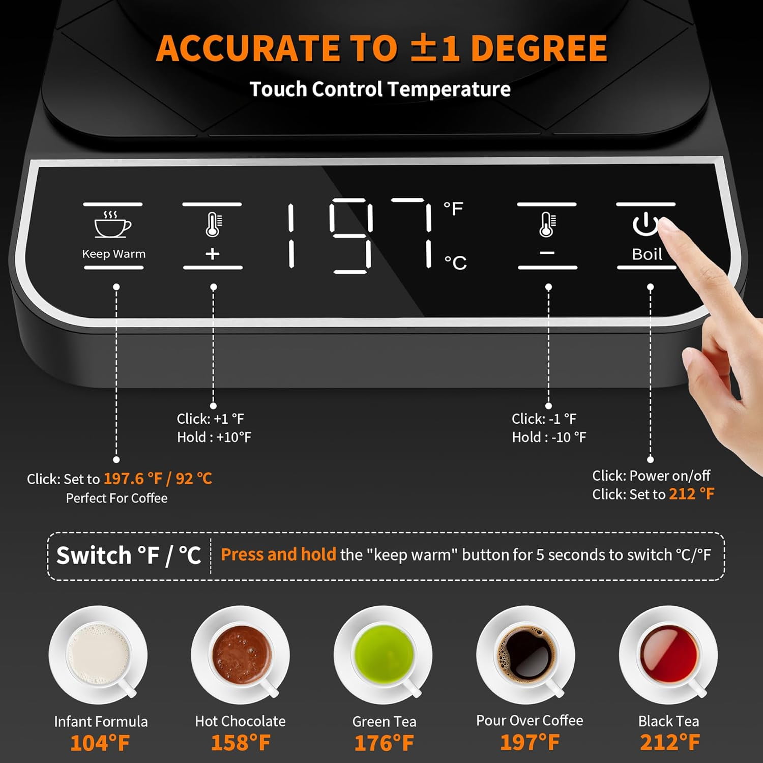 Electric Gooseneck Kettle with Digital Temperature Control, ±1℉ Precision Adjustable Pour Over Kettle for Coffee Tea Brewing, Hot Water Boiler