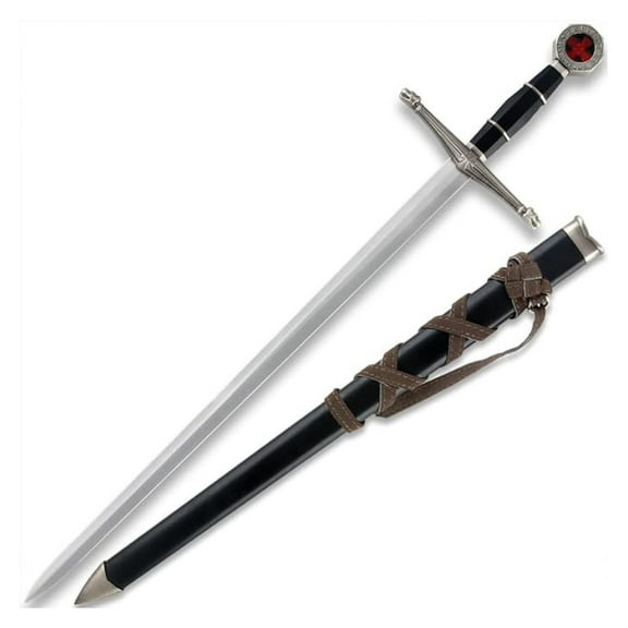 Medieval Broadsword | 17" Stainless Steel Blade | Ornate Guard and Pommel | Cast Metal Handle | Includes Matching Leather Wrapped Scabbard | 22.5" Overall